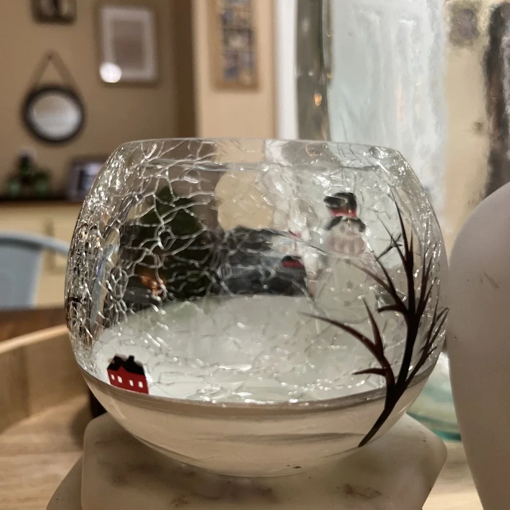 Crackle Glass Snowman Tea Light Candle Holder Christmas Holiday Decor Lot Of 2